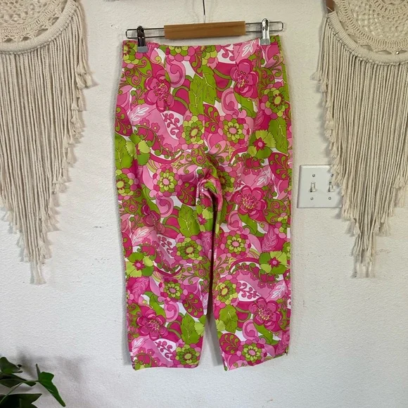 Briggs bright pink and green floral print Capri pants side zip size 8 - Picture 3 of 4